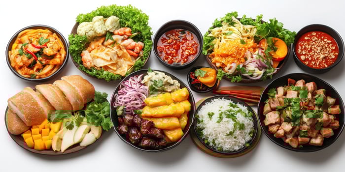 Assorted Asian Cuisine Dishes with Sauces and Sides photo