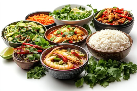 A variety of Thai dishes with rice, cilantro, and chili peppers photo