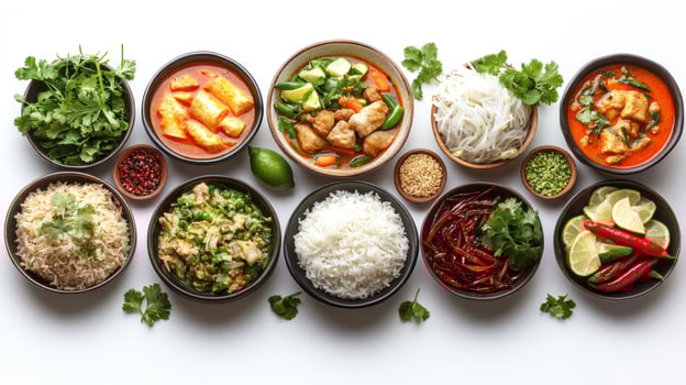 A Spread of Asian Dishes with Rice, Noodles, and Various Toppings photo