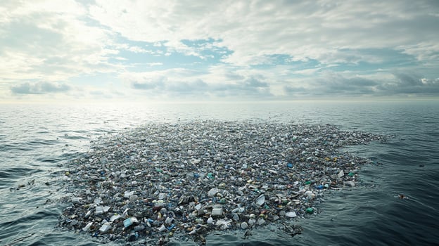 Visual Representation of a Massive Garbage Patch Floating in the Ocean, Highlighting Environmental Impact and Ocean Conservation Efforts photo