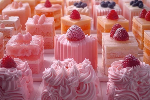 Delicate Pink Cakes With Berries And Cream photo