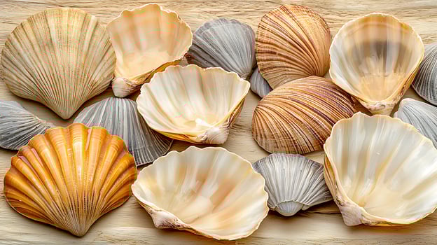 High sodium meals. collection of colorful seashells displayed on wooden surface, showcasing their natural beauty and variety in texture and color photo