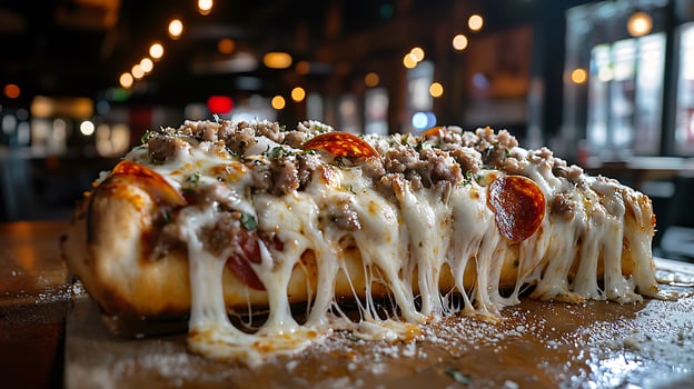High sodium meals. delicious pizza slice loaded with melted cheese, pepperoni, and sausage, garnished with herbs, sits on wooden table in cozy restaurant setting photo