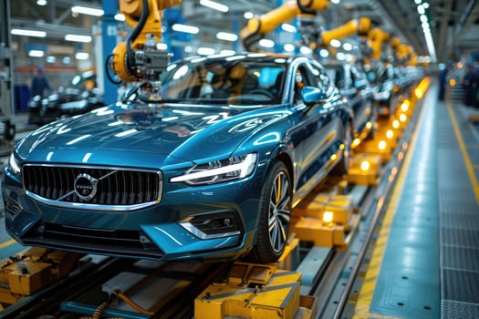 Teal Volvo Car Assembly Line Robotic Production photo