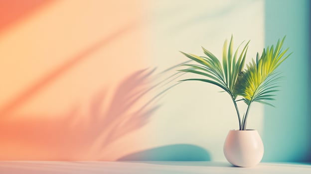 A white vase with a green plant in it sits on a table photo