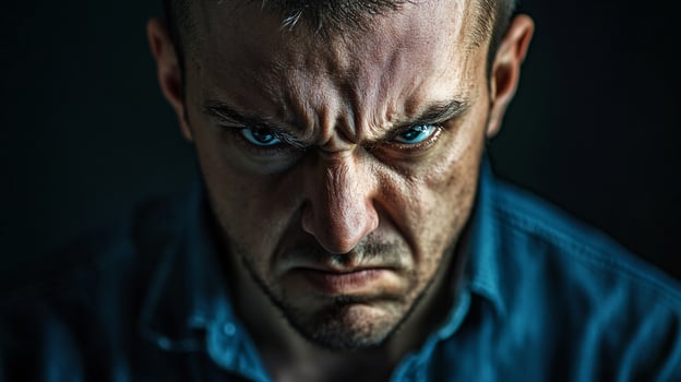 A man with a blue shirt and a frowning face photo