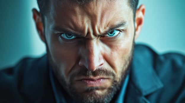 A man with a blue eye stares at the camera photo