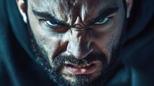 A man with a beard and a scowl on his face photo