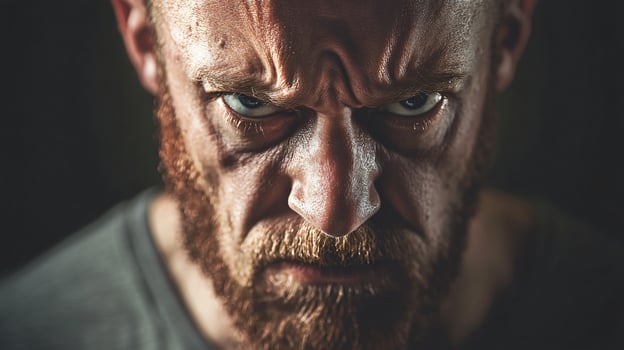 A man with a beard and a shirt on has a look of anger on his face photo
