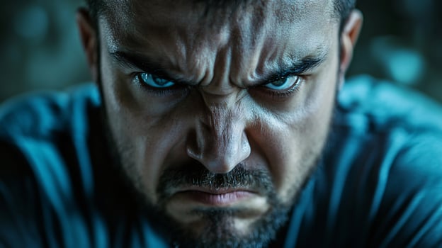 A man with a blue eye stares at the camera photo