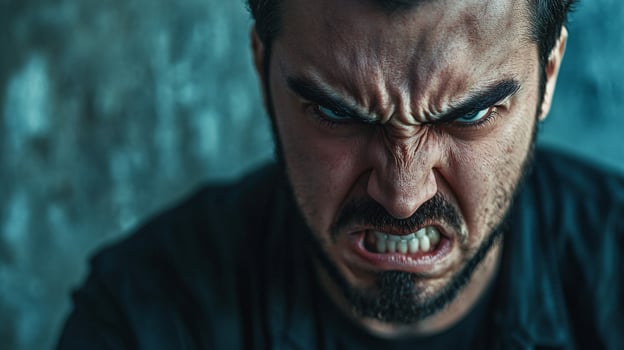 A man with a beard and a black shirt is looking angry photo