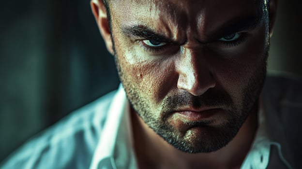 A man with a scowl on his face and a beard photo