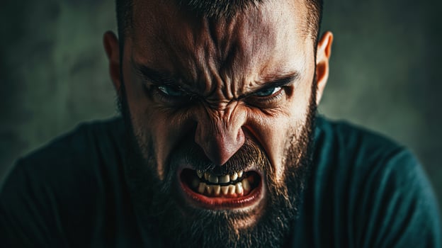 A man with a beard and a scowl on his face photo