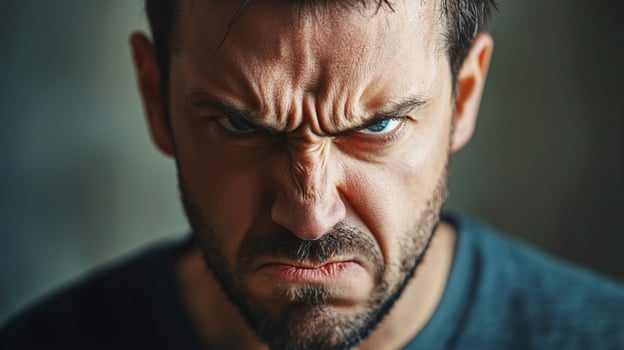 A man with a scowl on his face is wearing a black shirt photo