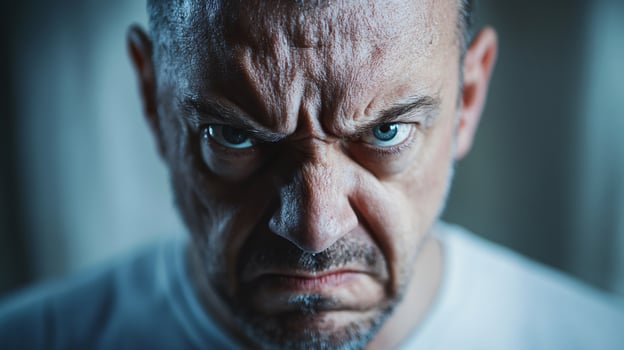 A man with a scowl on his face and blue eyes photo