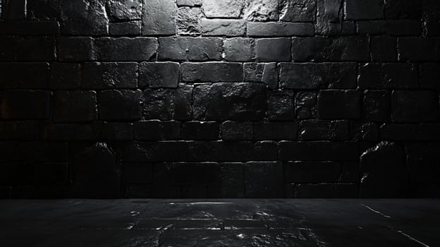 A black brick wall with a large empty space in the middle photo