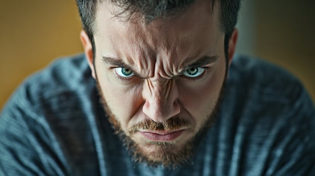 A man with a beard and a scowl on his face photo