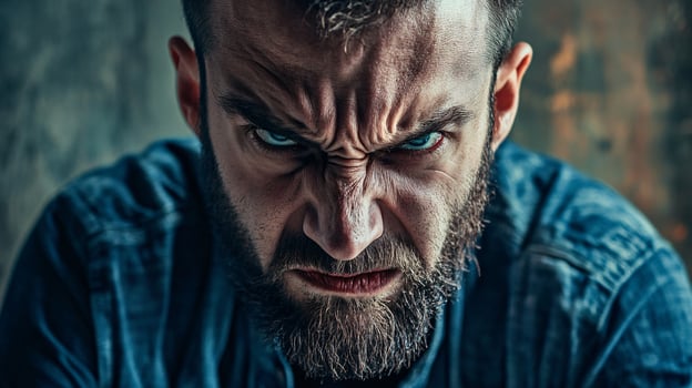 A man with a beard and a blue shirt is looking angry photo