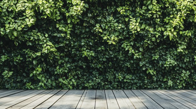 A lush green hedge with a wooden fence behind it photo