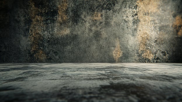 A large, empty room with a wall covered in graffiti photo