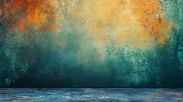 A wall with a blue background and orange and yellow splatters photo