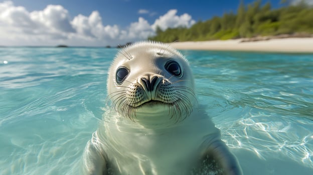 Cute baby seal swimming in turquoise water near tropical island photo