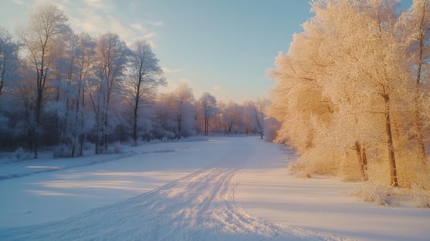 Snowy path winding through a frosty winter forest at dawn photo