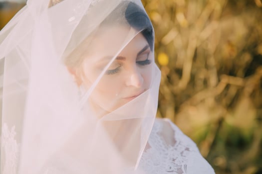 A bride is wearing a veil and looking at the camera. photo