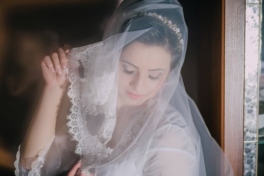 A woman in a veil is looking at the camera photo