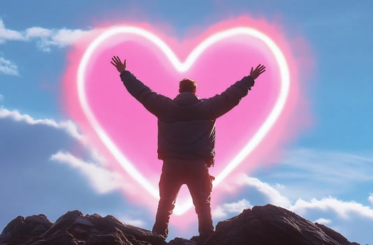 A person on a mountain creates a glowing heart shape in the sky. photo