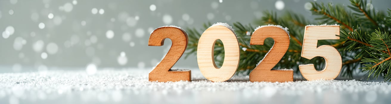 wooden 2025 numerals on snowy surface with pine branch photo