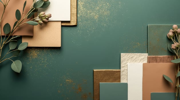 sophisticated arrangement neutral metallic material samples with eucalyptus accents. photo