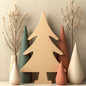 minimalist wooden tree with geometric shapes dried flowers photo