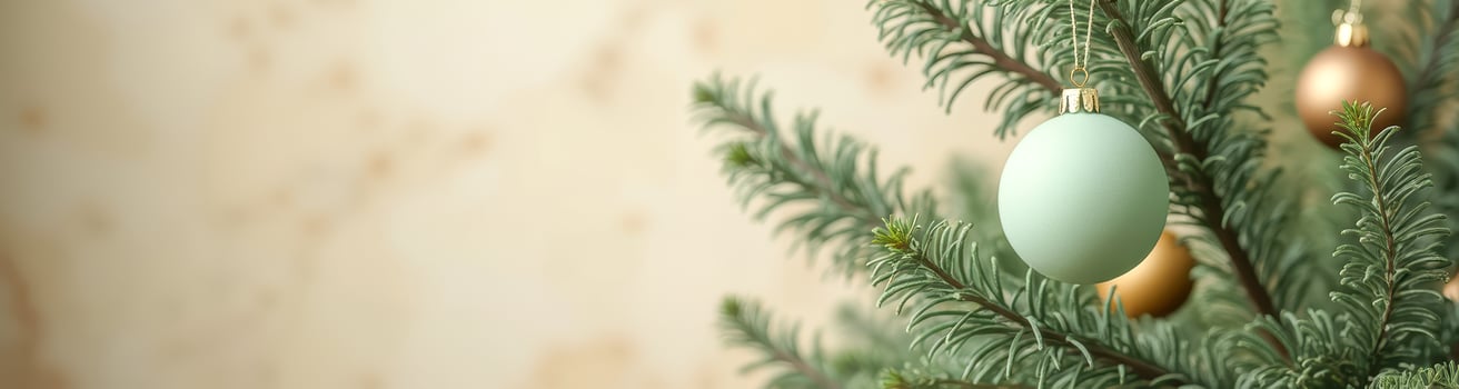 pale-green sphere ornament hangs on an evergreen tree branch photo