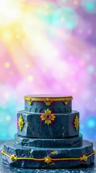 three-layered dark-blue display stand with gold accents photo