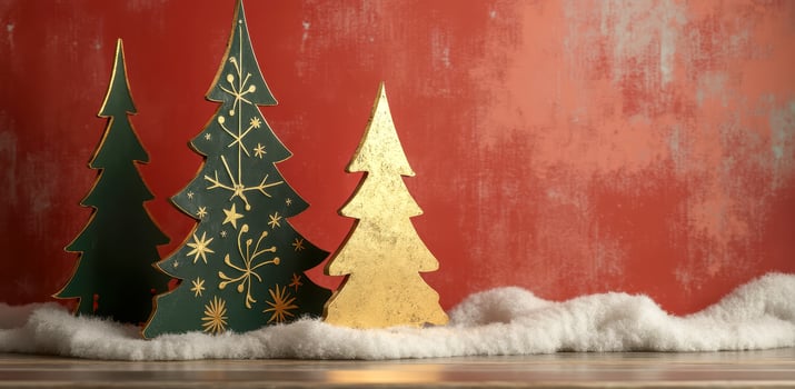 three painted wooden trees with gold accents on a red background photo
