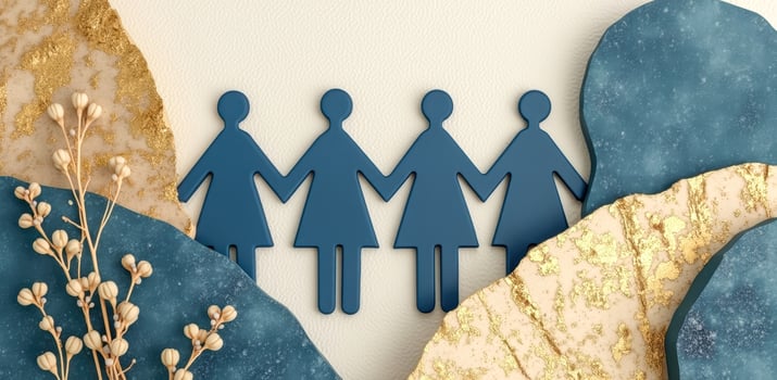 four blue figures holding hands unity photo