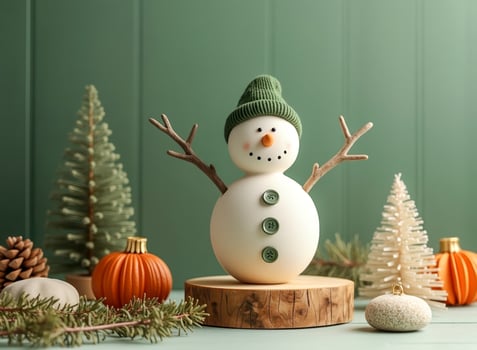 charming snowman figurine with winter decorations photo
