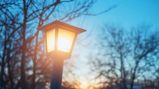 A glowing street lamp against a twilight sky and silhouetted trees. photo