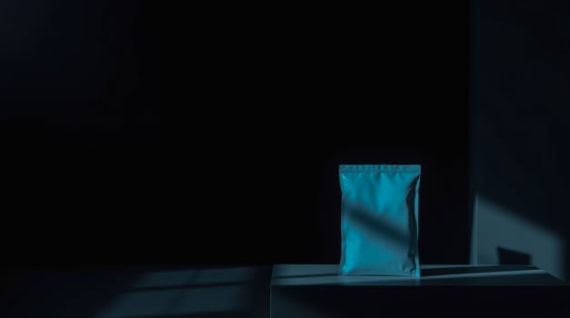 teal pouch on a dark platform photo
