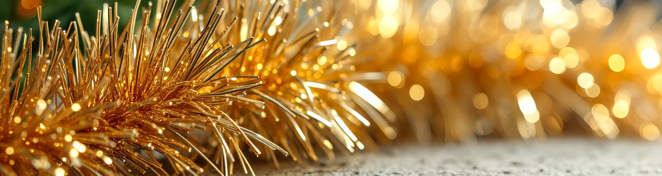 close- golden tinsel with sparkling lights photo