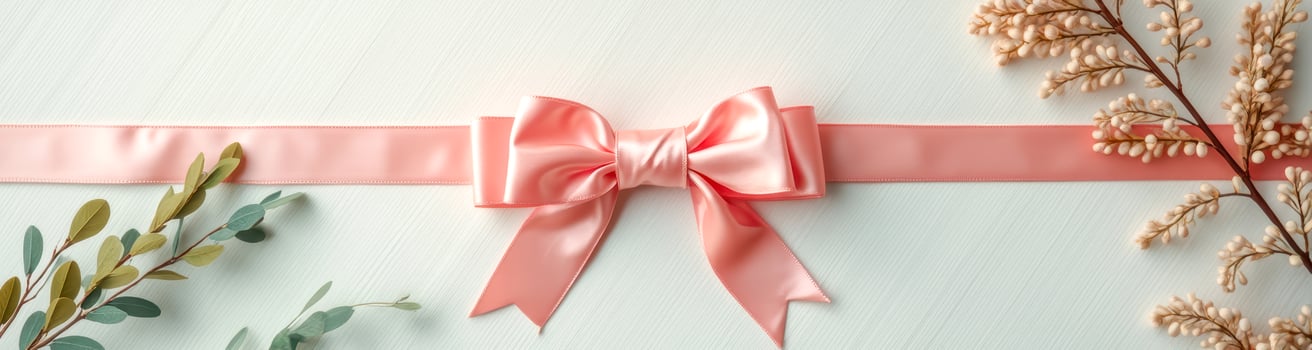 salmon-pink satin ribbon bow with greenery flower accents on white wood. photo