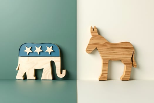 wooden elephant donkey figures on contrasting backgrounds photo