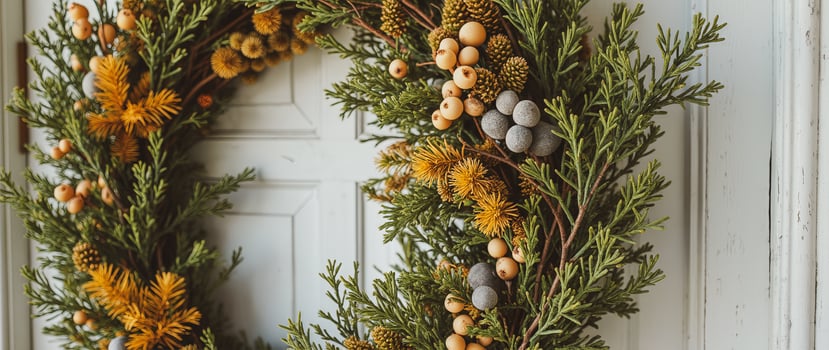 lush green wreath with golden gray accents photo