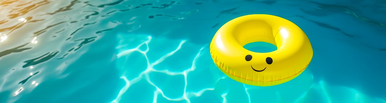 smiling yellow inflatable ring blue pool photo