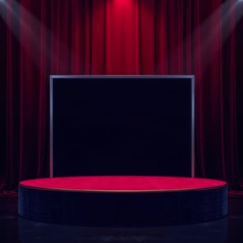 circular stage with dark display burgundy curtains photo