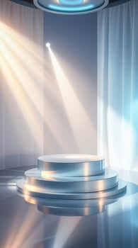 reflective circular platform with light beams photo