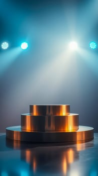three bronze cylindrical platforms on a reflective surface under warm cool lighting photo