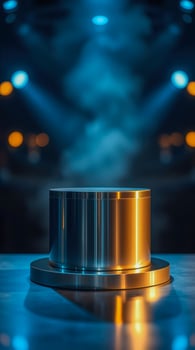 two-tiered metallic cylinder platform under dramatic lighting photo