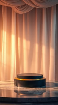 dark circular platform with gold accent against peach curtains photo